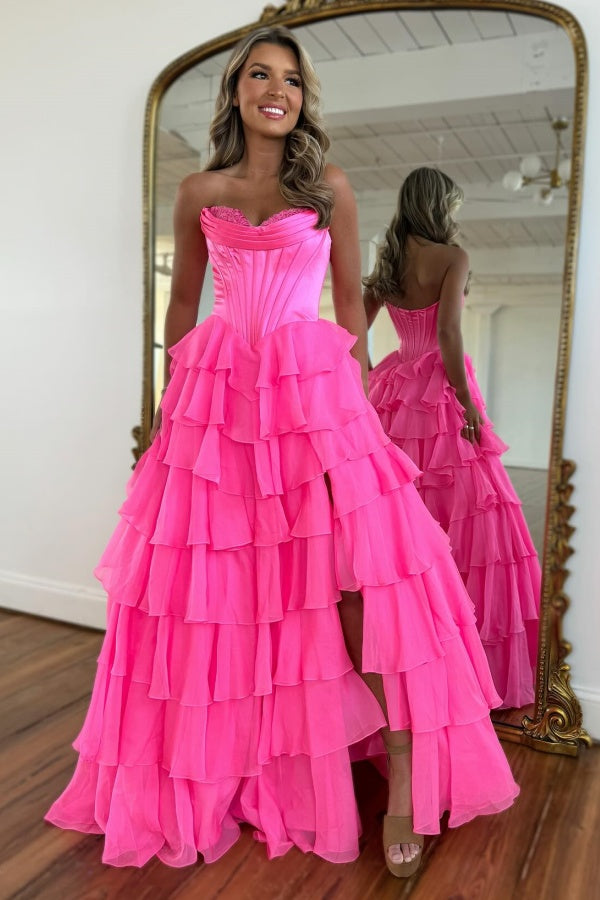 A-Line Strapless Appliques Chiffon Tiered Prom Party Dress with High Side Slit and Train WU1025