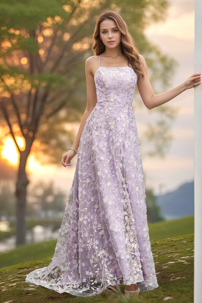 WU1072 - Chic & Sexy Light Purple A-Line Strapless Spaghetti Straps Sleeveless Prom Party Dress 3D Flower Tulle High Side Slit Open Back Evening Party Dress Cocktail Dress