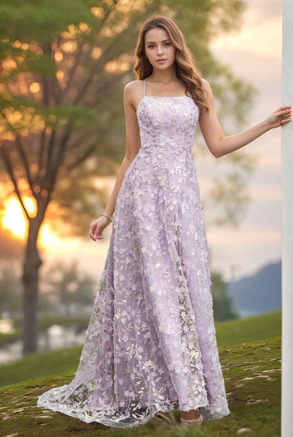Purple A-Line Strapless Spaghetti Straps 3D Flower High Side Slit Prom Dress WU1072