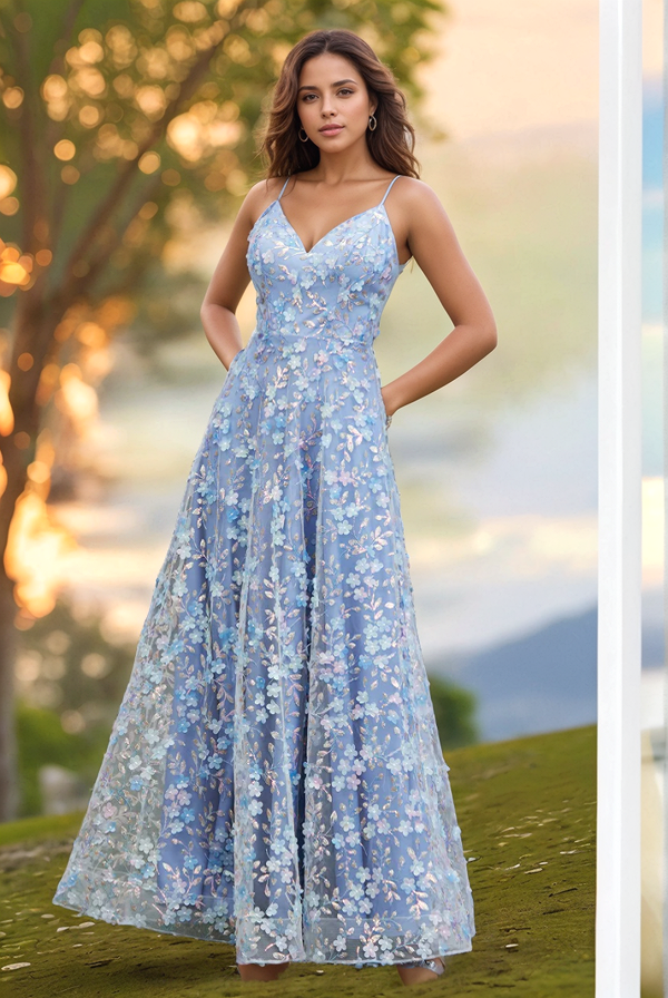 WU1073 - Lässiges und süßes himmelblaues A-Linien-Kleid, trägerlos, Spaghettiträger, ärmellos, Ball- und Partykleid, 3D-Blumentüll, hoher Seitenschlitz, offener Rücken, Abendkleid, formelles Hochzeitsgastkleid