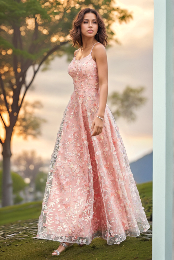 Pink A-Line Strapless Spaghetti Straps 3D Flower Appliques Prom Dress WU1071