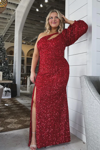 WU1005 - Sheath One Shoulder Long Lantern Sleeve Fully Sequins Burgundy Floor Length Prom Dress Formal Gown with Side Slit