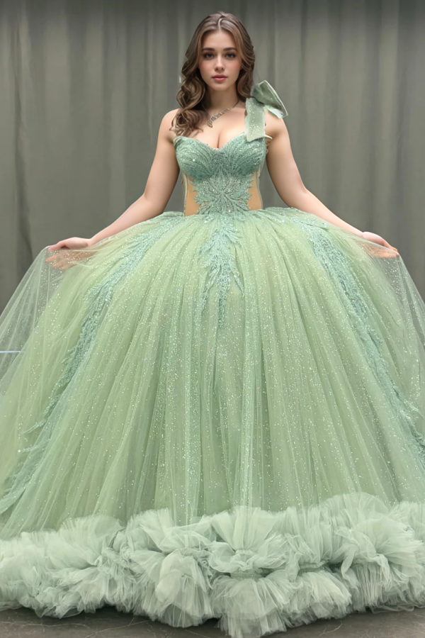 Langes Quinceanera-Kleid mit Herzausschnitt für Damen, trägerloses Korsett mit Blumenapplikationen, Perlenbesetztes Tüll-Ballkleid 