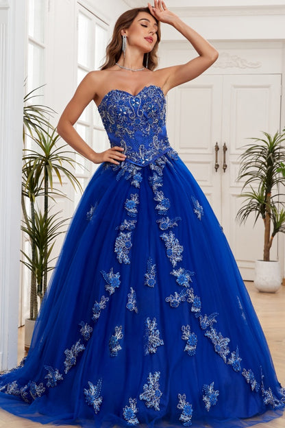 WQ1267 - Gorgeous & Luxuru Ball Gown Strapless Sleeveless Beaded Flower Appliques Royal Blue Tulle Quinceanera Dress Formal Evening Party Dress for Sweet 16