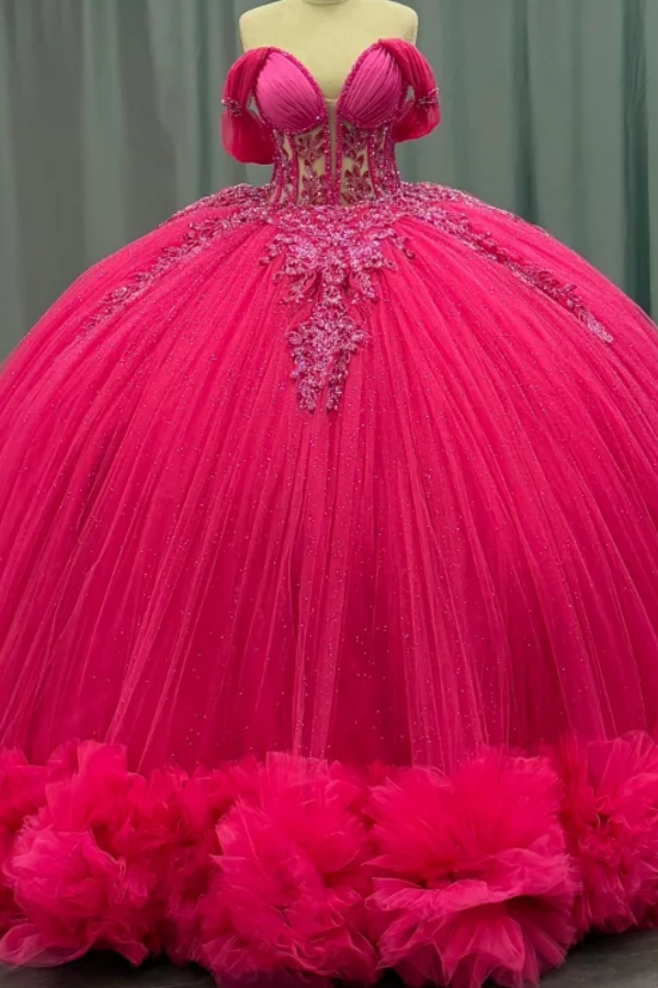 Langes Quinceanera-Kleid mit Herzausschnitt für Damen, trägerloses Korsett mit Blumenapplikationen, Perlenbesetztes Tüll-Ballkleid 