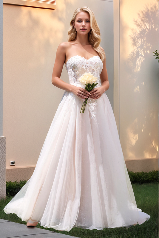 WW1032 - Simple & Casual A-Line Strapless Sleeveless Appliques Back Zipper Tulle Boho Wedding Dress Beach Bride Gown