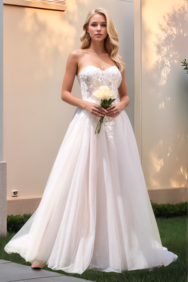 A-Line Strapless Appliques Back Zipper Tulle Boho Wedding Dress WW1032