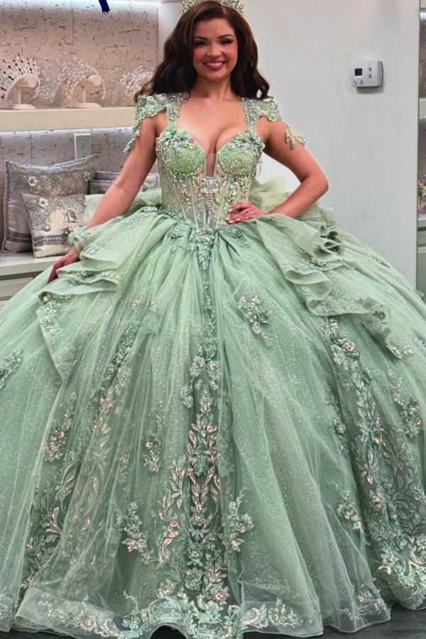 WQ1450 - Vestido de fiesta sin tirantes, sin mangas, con cuentas, volantes, lentejuelas, tul, capas, tul brillante, vestido de quinceañera, vestido de fiesta de cumpleaños, vestido formal de noche para dulces 16