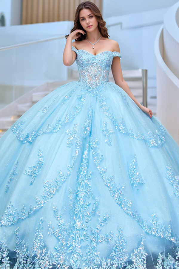 Langes Quinceanera-Kleid mit Herzausschnitt für Damen, trägerloses Korsett mit Blumenapplikationen, Perlenbesetztes Tüll-Ballkleid 