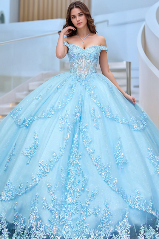 WQ1302 - Elegant Ball Gown Off Shoulder Sleeveless Fully Appliques Lace Up Tiered Bow Knot Baby Blue Tulle Quinceanera Dress Birthday Party Dress for Sweet 16