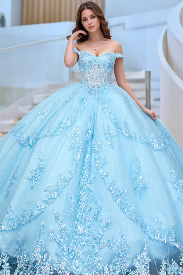 Off Shoulder Sleeveless Appliques Bow Knot Blue Quinceanera Dress for Sweet 16 WQ1302