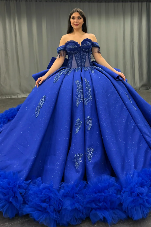 Langes Quinceanera-Kleid mit Herzausschnitt für Damen, trägerloses Korsett mit Blumenapplikationen, Perlenbesetztes Tüll-Ballkleid 