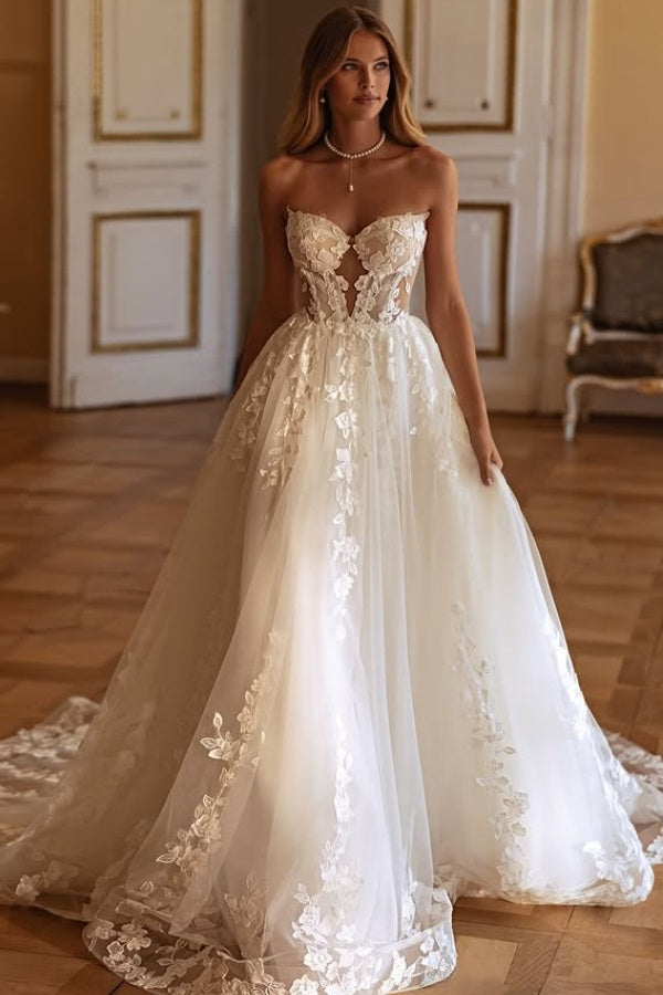 A-Line Strapless Appliques Lace Up Boho Wedding Dress WW1074