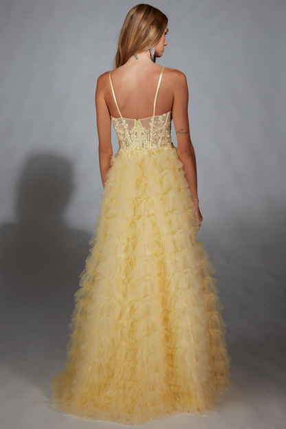 WU1054 - Chic & Modern A-Line Strapless Spaghetti Straps Sleeveless Yellow Appliques Tulle Tiered Prom Party Dress Floor Length High Side Slit Back Zipper Evening Dress Formal Cocktail Dress