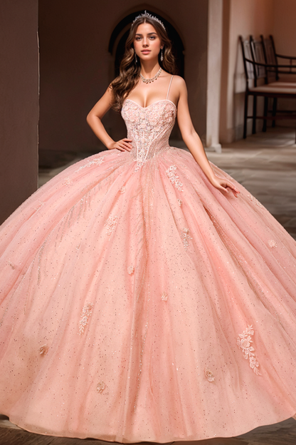 Robes longues de Quinceanera pour femmes, Corset sans bretelles avec appliques florales, robe de bal en Tulle perlé