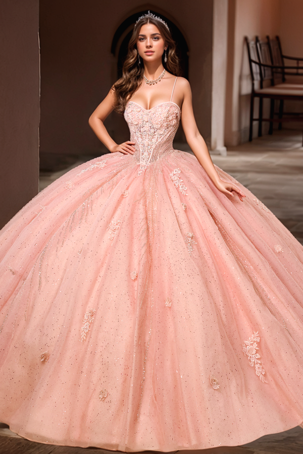 Langes Quinceanera-Kleid mit Herzausschnitt für Damen, trägerloses Korsett mit Blumenapplikationen, Perlenbesetztes Tüll-Ballkleid 