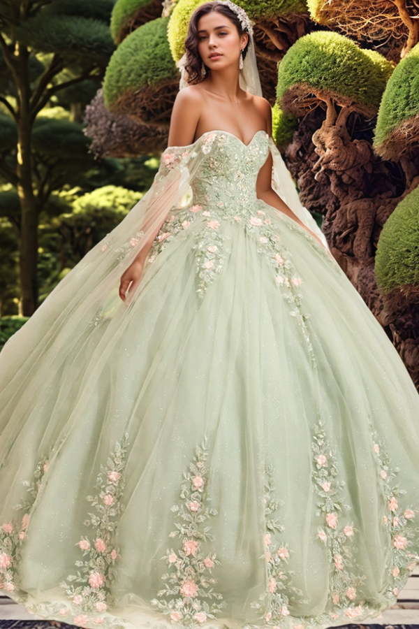 Langes Quinceanera-Kleid mit Herzausschnitt für Damen, trägerloses Korsett mit Blumenapplikationen, Perlenbesetztes Tüll-Ballkleid 