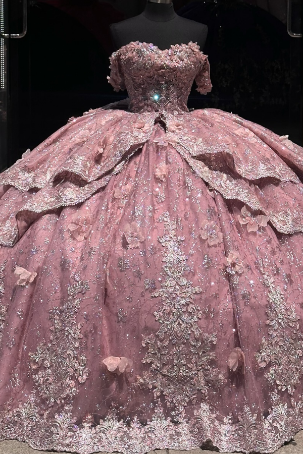Langes Quinceanera-Kleid mit Herzausschnitt für Damen, trägerloses Korsett mit Blumenapplikationen, Perlenbesetztes Tüll-Ballkleid 