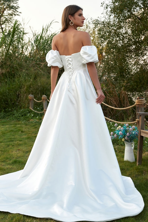 WW1002 - Simle & Elegant A-Line V Neck Detachable Short Lantern Sleeves Satin Wedding Dress Pleated Lace-Up Side Slit Bridal Gown