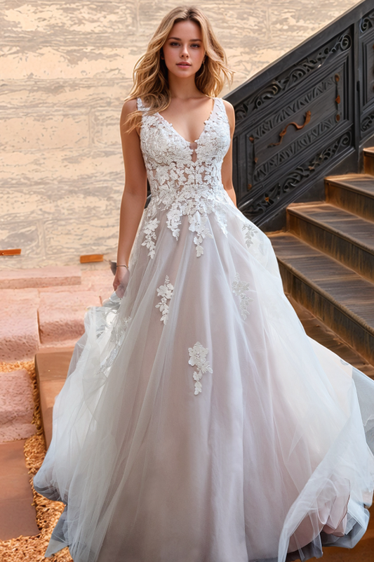 WW1022 - Chic & Modern A-Line V Neck Spaghetti Straps Appliques Button Tulle Boho Wedding Dress Beach Bride Gown