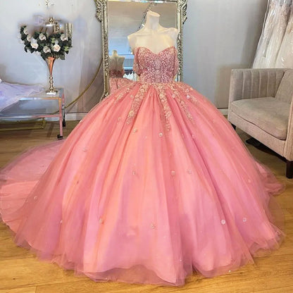 Sparkly Pink Floral Quinceanera Dresses Ball Off the Shoulder Applique Beads Corset Tulle Prom Dress Birthday Party Gowns For Girls Sweet 16 Dress