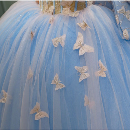 Princess Sky Blue Butterfly Quinceanera Dresses Big Bow Ball Gown Floral Lace Applique Beaded Corset Sweet 16 Dress Lace Up Birthday Party Gown