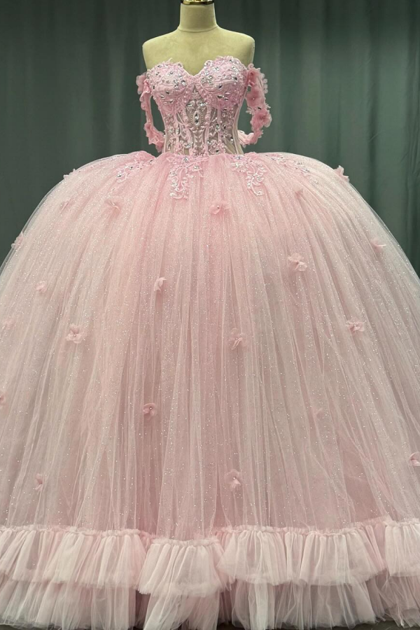 Langes Quinceanera-Kleid mit Herzausschnitt für Damen, trägerloses Korsett mit Blumenapplikationen, Perlenbesetztes Tüll-Ballkleid 