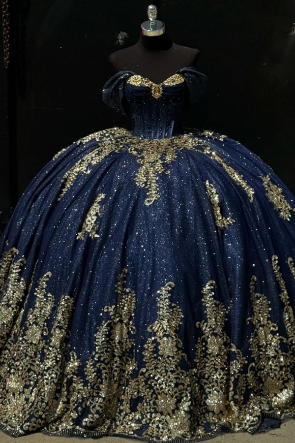 Off Shoulder Sleeveless Gold Sequins Appliques Bown Knot Quinceanera Dress for Sweet 16 WQ1287