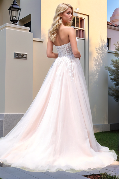 WW1032 - Simple & Casual A-Line Strapless Sleeveless Appliques Back Zipper Tulle Boho Wedding Dress Beach Bride Gown