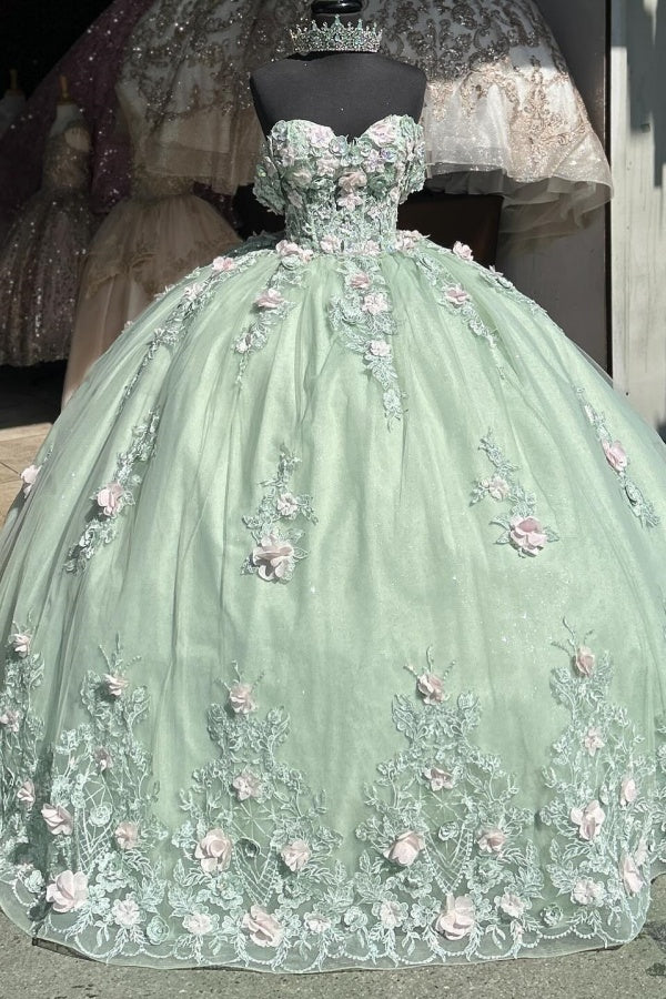 Langes Quinceanera-Kleid mit Herzausschnitt für Damen, trägerloses Korsett mit Blumenapplikationen, Perlenbesetztes Tüll-Ballkleid 
