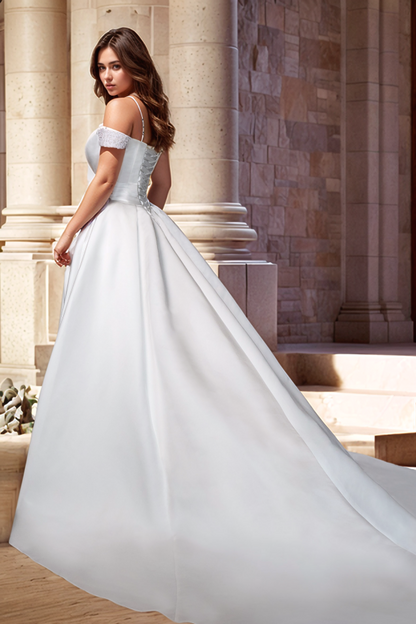 WW1017 - Gorgeous A-Line Off Shoulder Spaghetti Straps Pleated Beaded Satin Wedding Dress High Side Slit and Train Bride Gown