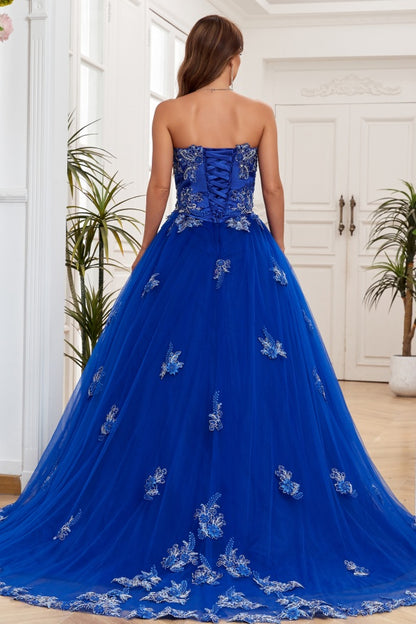 WQ1267 - Gorgeous & Luxuru Ball Gown Strapless Sleeveless Beaded Flower Appliques Royal Blue Tulle Quinceanera Dress Formal Evening Party Dress for Sweet 16