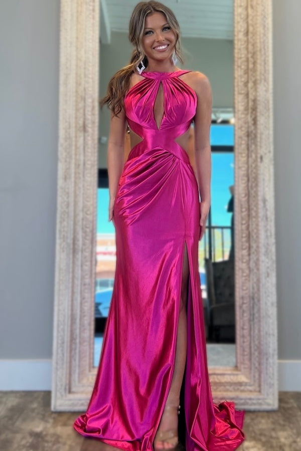 Mermaid Halter Pleated High Side Slit and Train Prom Dress WU1354