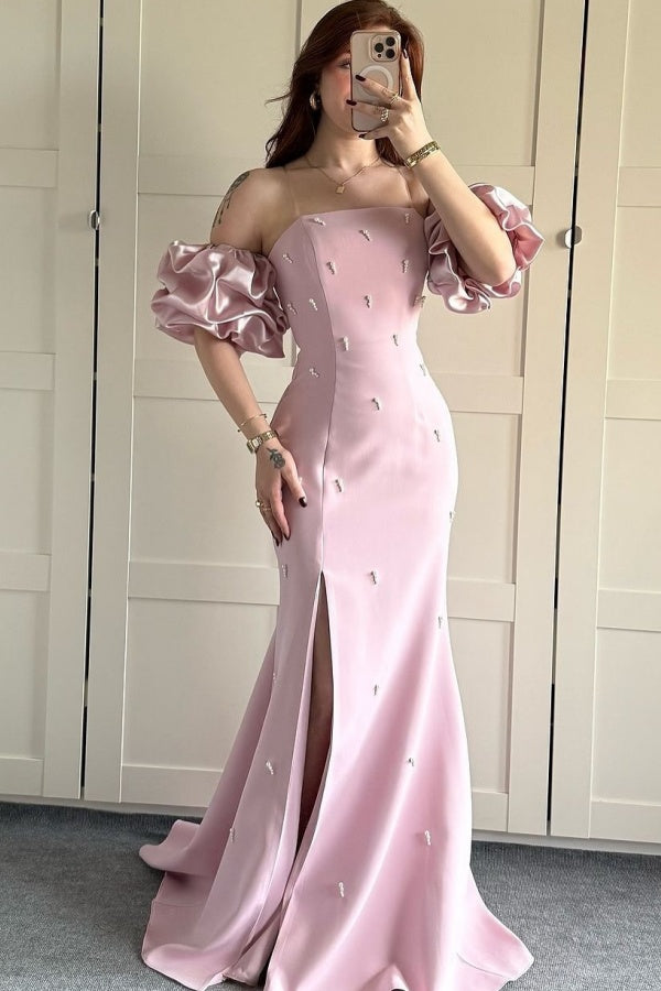 WU1387 ​​- Vestido de fiesta de graduación con escote en V, sin tirantes, mangas farol desmontables, cuentas de perlas, abertura lateral alta y cola, vestido formal de noche