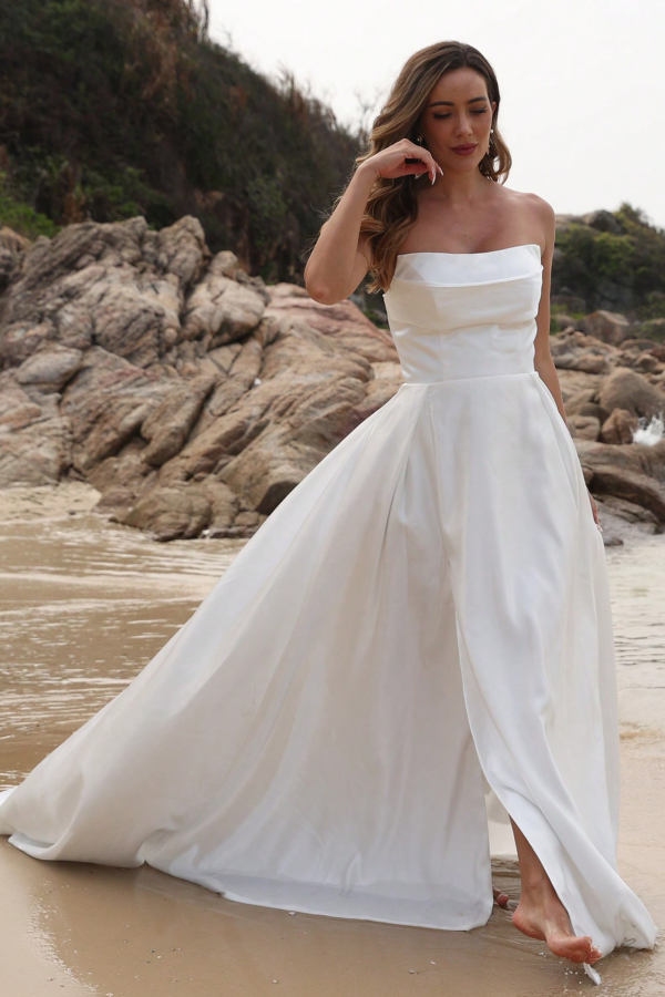 A-Line Strapless High Side Slit and Train Lace Up Beach Wedding Dress WW1047