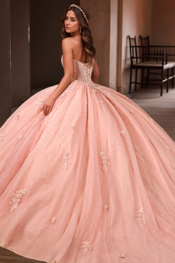 Robes longues de Quinceanera pour femmes, Corset sans bretelles avec appliques florales, robe de bal en Tulle perlé