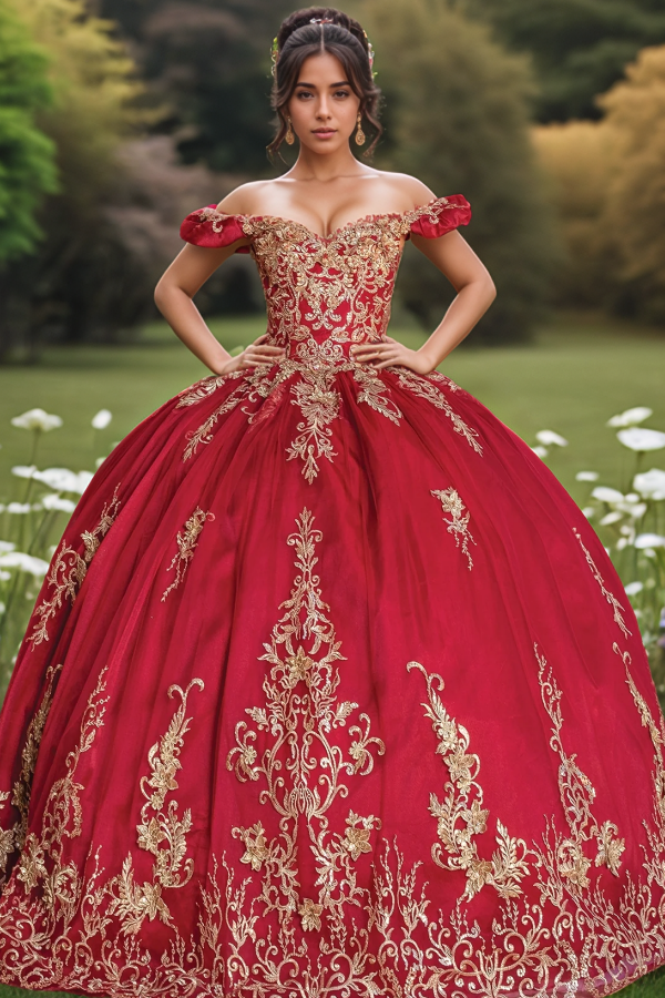 WQ1292 - Sexy & Hot Ball Gown Off Shoulder Gold Flower Appliques Lace Up Tiered Red Tulle Quinceanera Dress Birthday Party Dress for Sweet 16