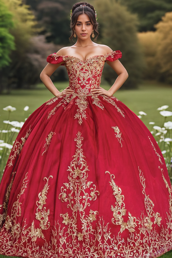 Off Shoulder Sleeveless Gold Flower Appliques Red Quinceanera Dress for Sweet 16 WQ1292