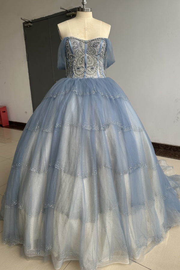 Langes Quinceanera-Kleid mit Herzausschnitt für Damen, trägerloses Korsett mit Blumenapplikationen, Perlenbesetztes Tüll-Ballkleid 