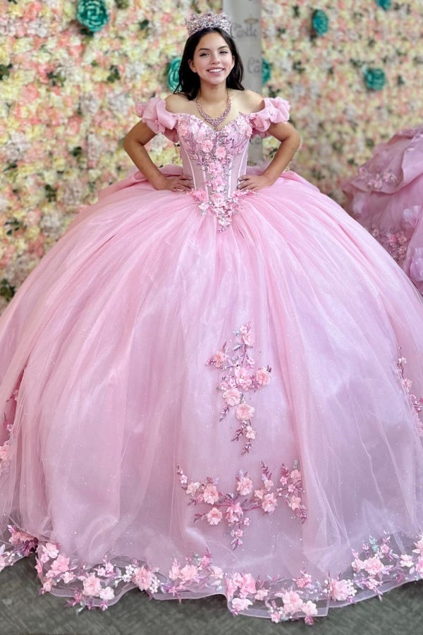 Langes Quinceanera-Kleid mit Herzausschnitt für Damen, trägerloses Korsett mit Blumenapplikationen, Perlenbesetztes Tüll-Ballkleid 
