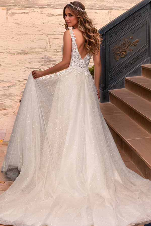 WW1021 - Glitter & Sparkly A-Line V Neck Spaghetti Straps Sleeveless Open Back Appliques Tulle Wedding Dress Boho Beach Bride Gown