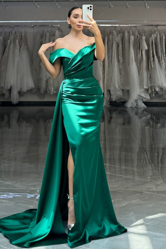 WU1107 - Simple & Elegant Sheath Off Shoulder Sleeveless Evening Formal Gown Dark Green Back Zipper Pleated High Side Slit and Train Prom Party Dress