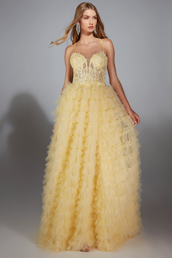 WU1054 - Chic & Modern A-Line Strapless Spaghetti Straps Sleeveless Yellow Appliques Tulle Tiered Prom Party Dress Floor Length High Side Slit Back Zipper Evening Dress Formal Cocktail Dress