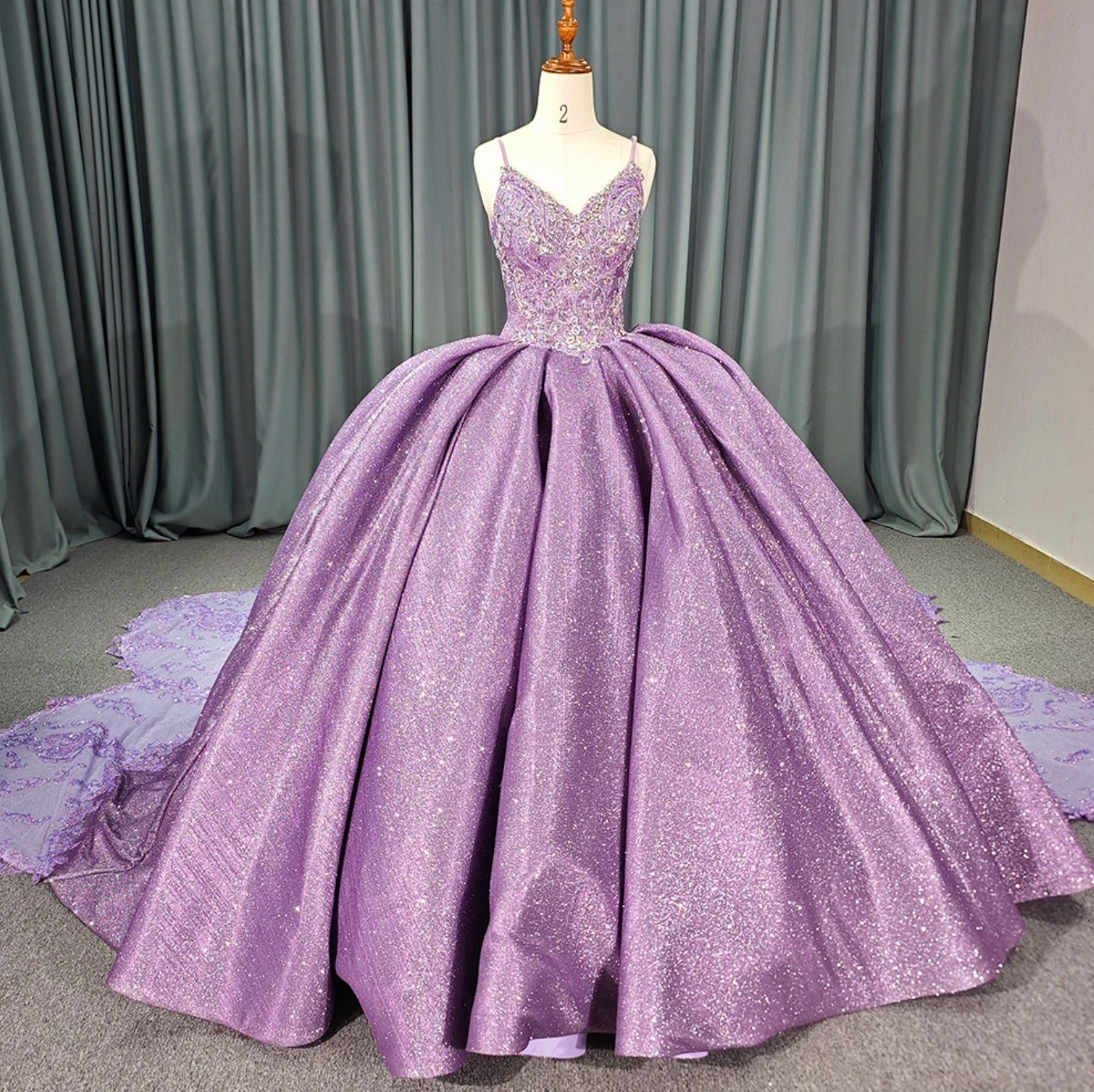 Sweet Purple Shiny Princess Quinceanera Dresses 3D Floral Ball Gown Spaghetti Straps Lace Tulle Corset vestido de quinceanera