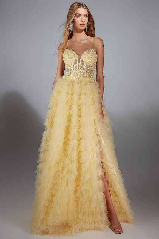 WU1054 - Chic & Modern A-Line Strapless Spaghetti Straps Sleeveless Yellow Appliques Tulle Tiered Prom Party Dress Floor Length High Side Slit Back Zipper Evening Dress Formal Cocktail Dress