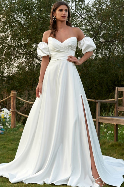 WW1002 - Simle & Elegant A-Line V Neck Detachable Short Lantern Sleeves Satin Wedding Dress Pleated Lace-Up Side Slit Bridal Gown