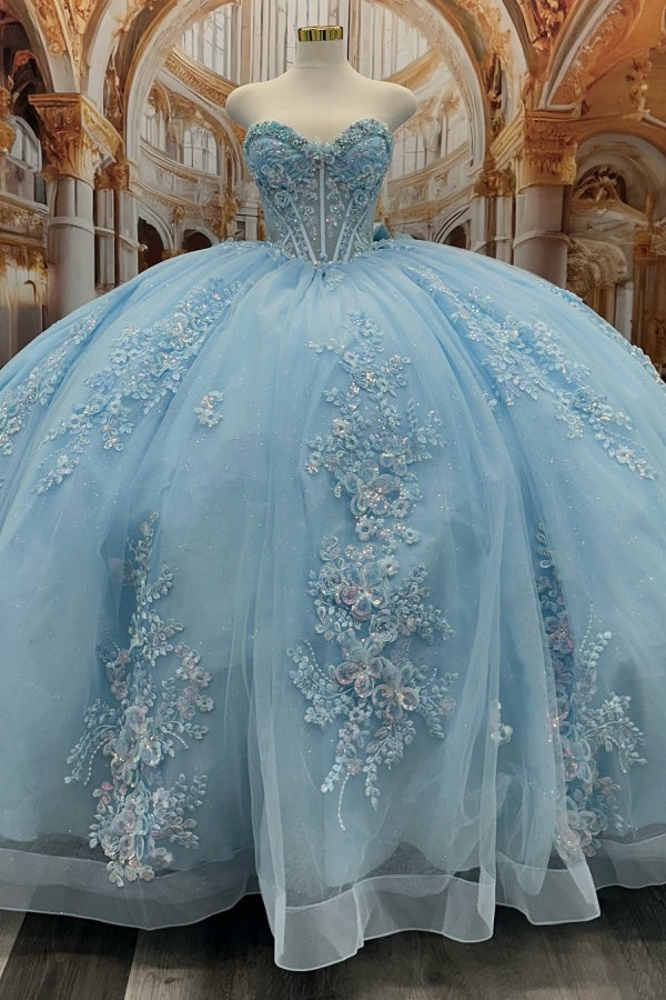 Strapless Sequins Beaded Appliques Blue Bow Knots Blue Quinceanera Dress WQ1471