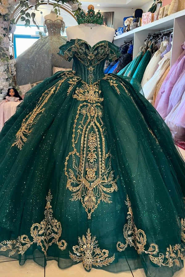 Langes Quinceanera-Kleid mit Herzausschnitt für Damen, trägerloses Korsett mit Blumenapplikationen, Perlenbesetztes Tüll-Ballkleid 