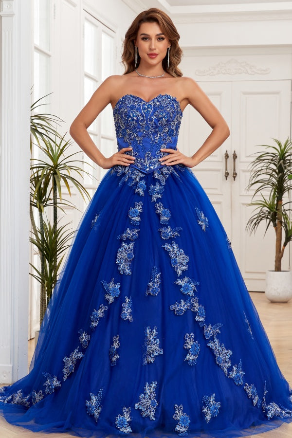 WQ1267 - Gorgeous & Luxuru Ball Gown Strapless Sleeveless Beaded Flower Appliques Royal Blue Tulle Quinceanera Dress Formal Evening Party Dress for Sweet 16