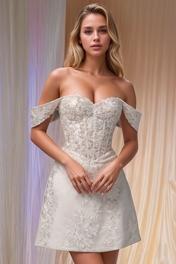 A-Line Off Shoulder Appliques Lace Up Short Wedding Dress WW1043